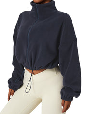 Veste femme cropped en polaire – Coupe ample avec col montant et cordon ajustable