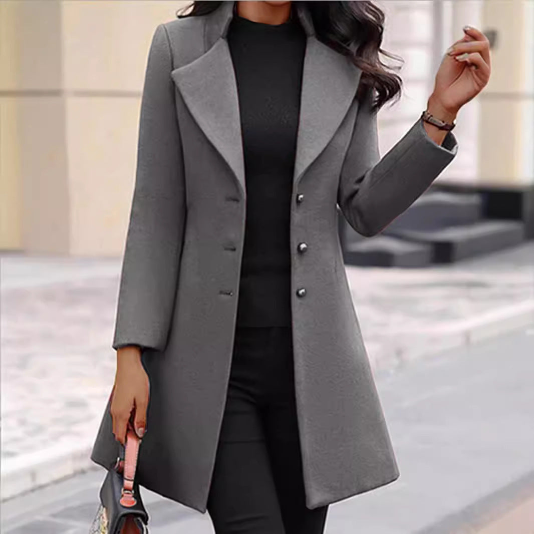 Manteau femme en laine – manteau long élégant avec col à revers et fermeture à boutons
