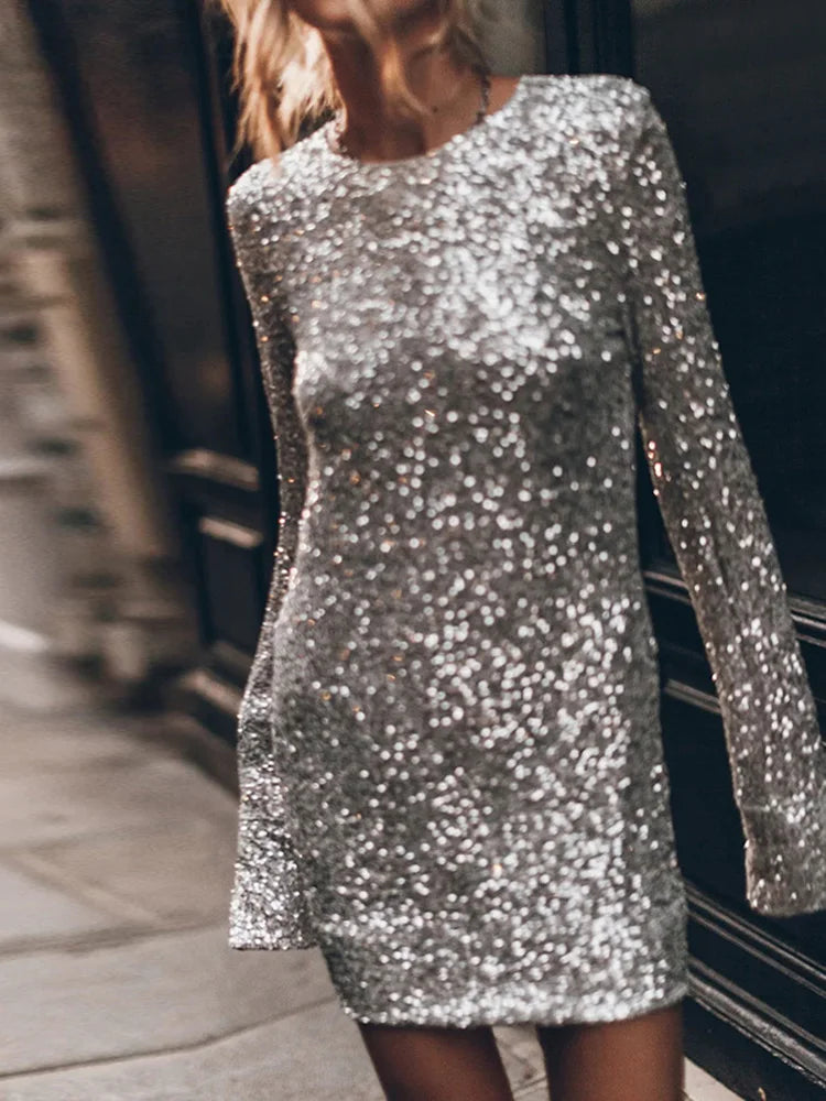Robe à paillettes femme – robe de soirée dos nu noire ou argentée