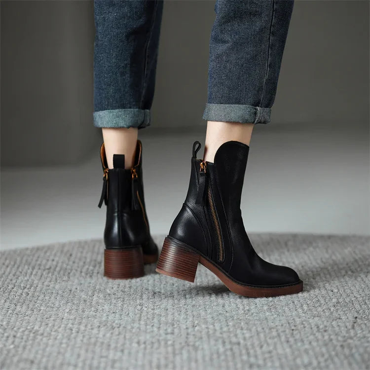 Bottines femme en cuir – élégantes bottines à talon avec fermeture zippée