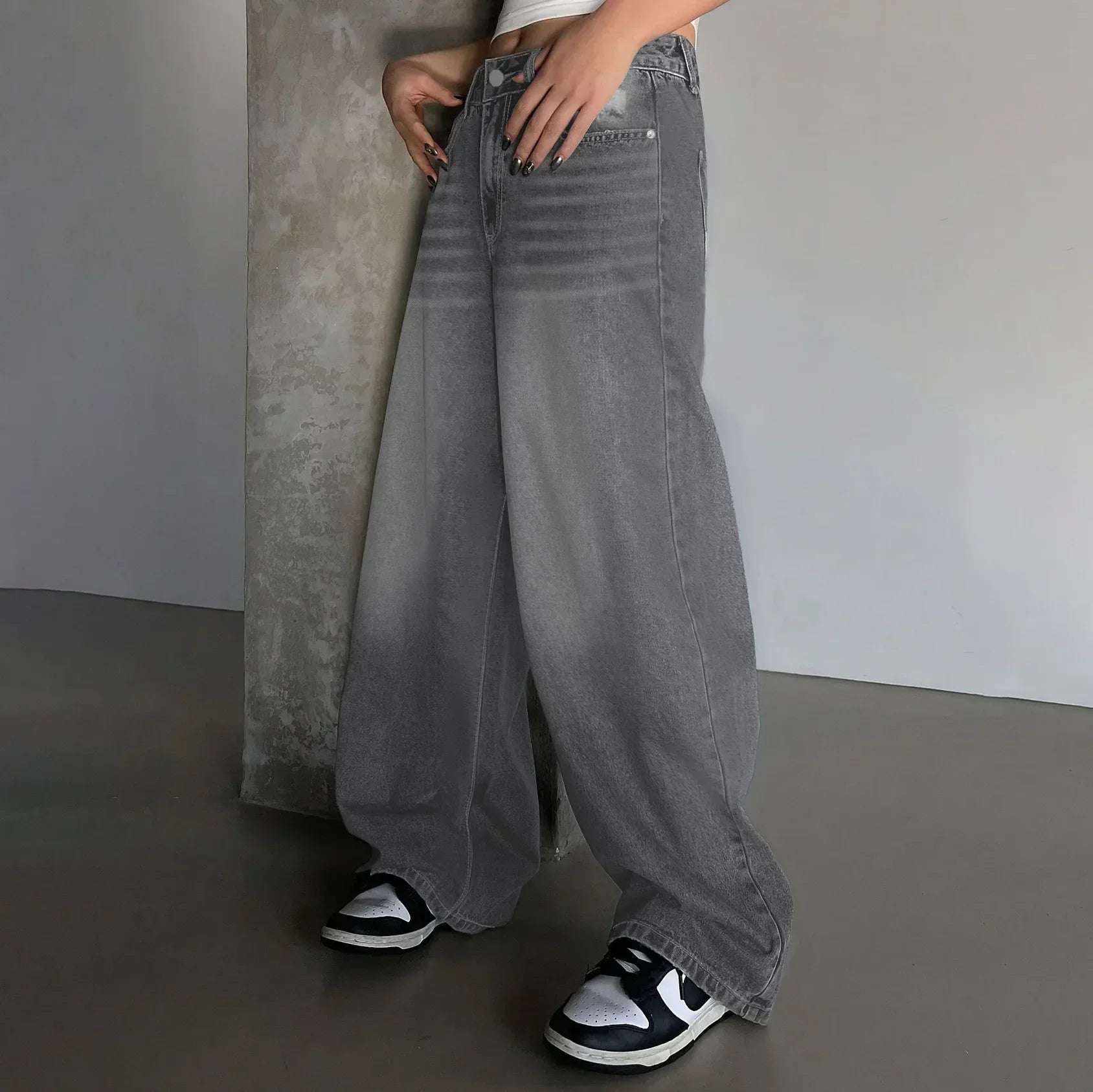 Jean baggy wide leg femme – taille haute oversize en gris, noir & bleu