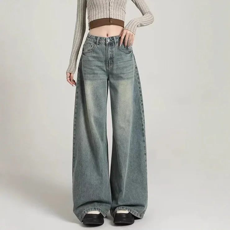 Jean wide leg gris femme – taille haute en denim délavé moderne