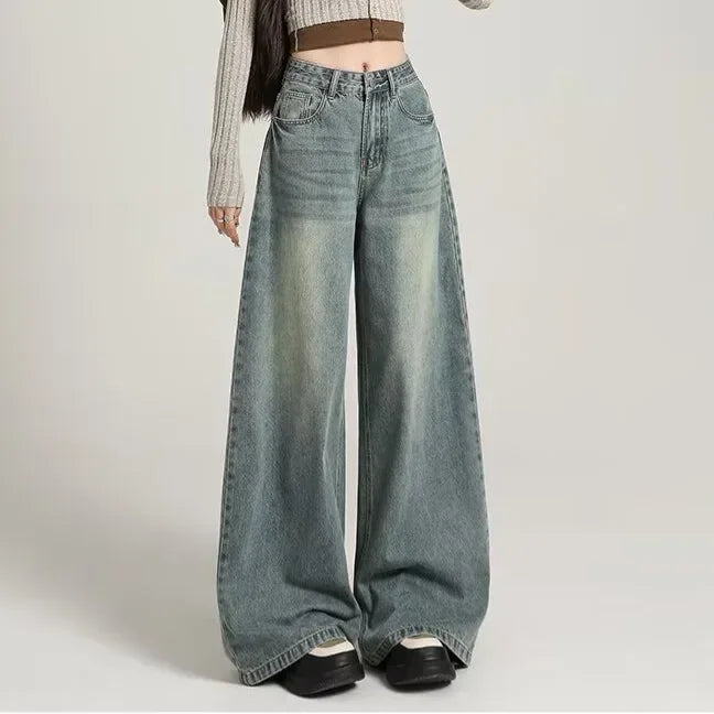 Jean wide leg gris femme – taille haute en denim délavé moderne