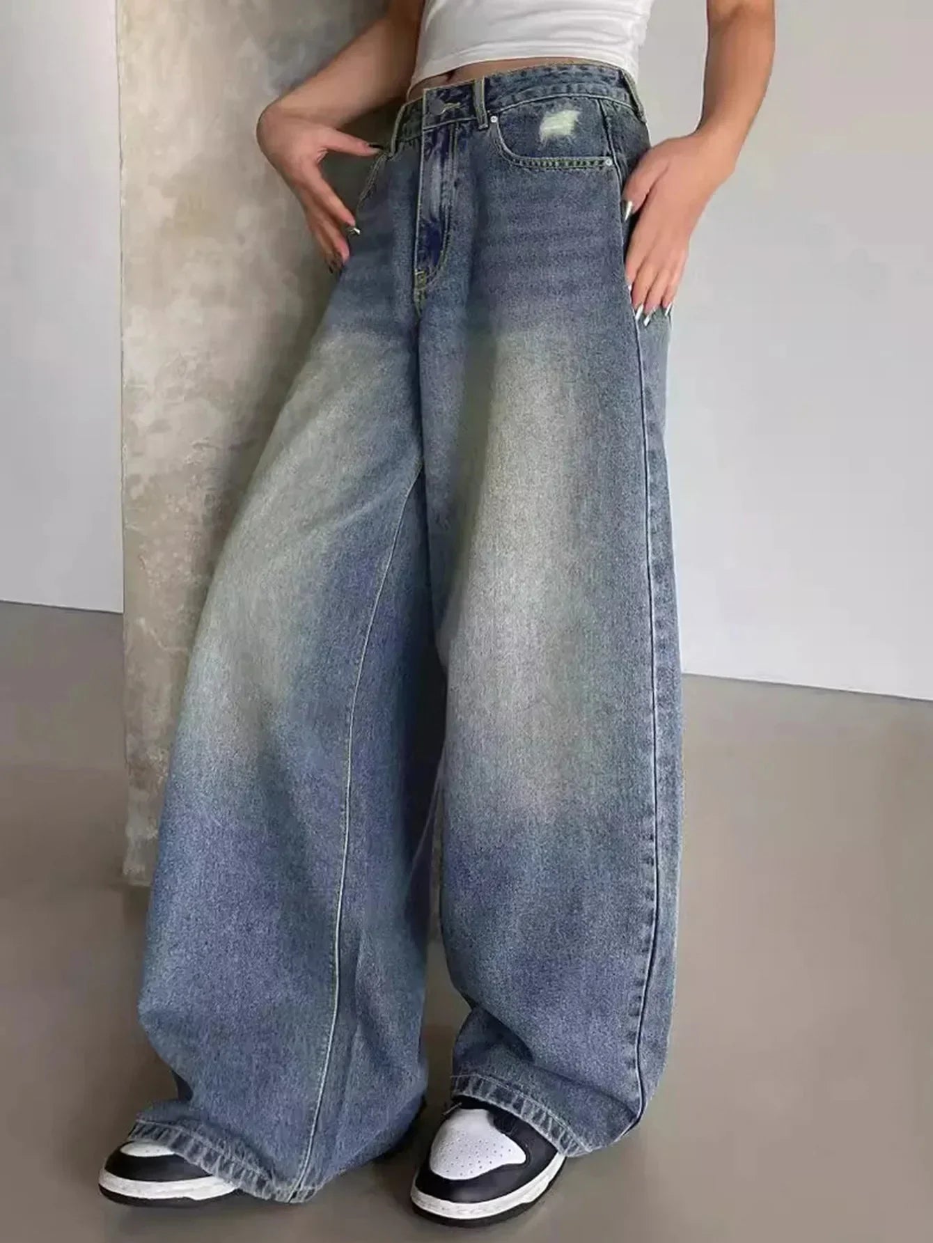 Jean baggy wide leg femme – taille haute oversize en gris, noir & bleu
