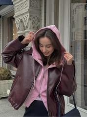 Veste Giulia femme en simili cuir brun — coupe courte & col à revers
