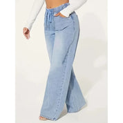 Jean femme taille haute wide leg – coupe ample avec taille élastique et lien