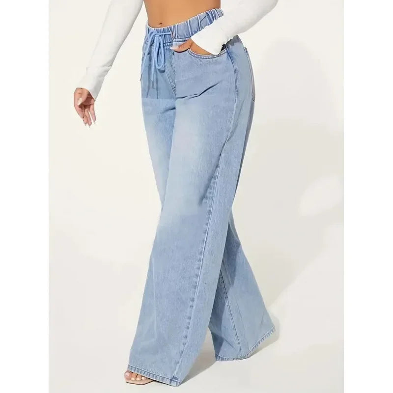 Jean femme taille haute wide leg – coupe ample avec taille élastique et lien