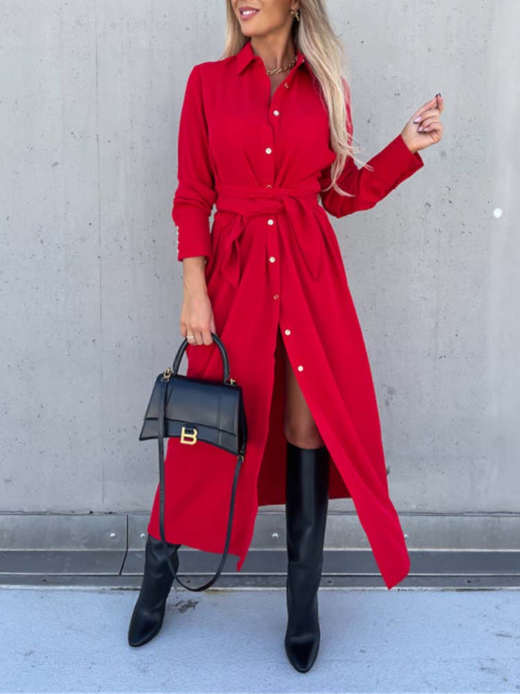 Robe-chemise manches longues à col – Coupe ample élégante & tissu respirant