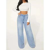 Jean femme taille haute wide leg – coupe ample avec taille élastique et lien