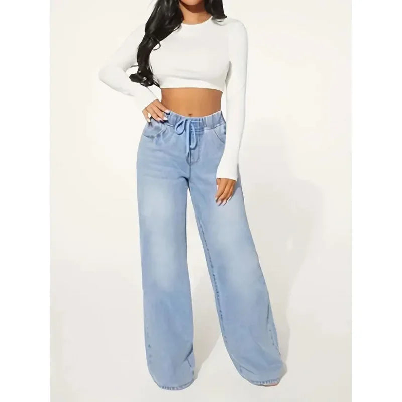Jean femme taille haute wide leg – coupe ample avec taille élastique et lien
