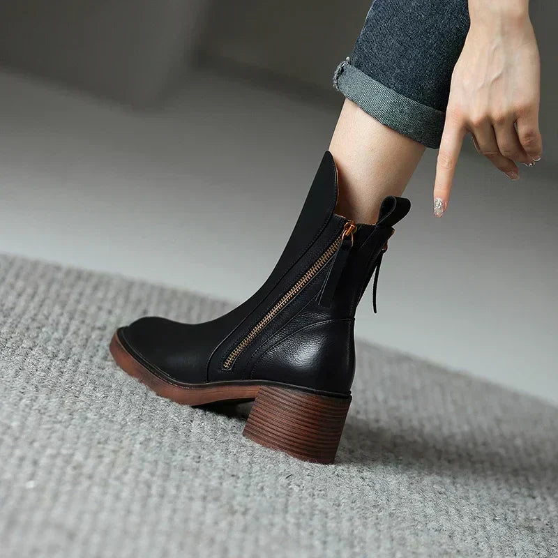 Bottines femme en cuir – élégantes bottines à talon avec fermeture zippée