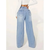 Jean femme taille haute wide leg – coupe ample avec taille élastique et lien