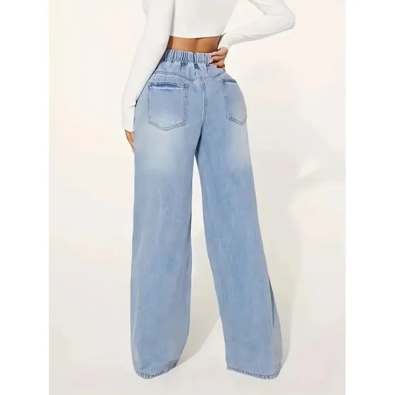 Jean femme taille haute wide leg – coupe ample avec taille élastique et lien