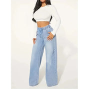 Jean femme taille haute wide leg – coupe ample avec taille élastique et lien
