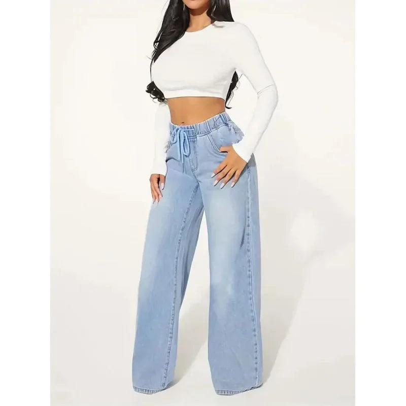 Jean femme taille haute wide leg – coupe ample avec taille élastique et lien