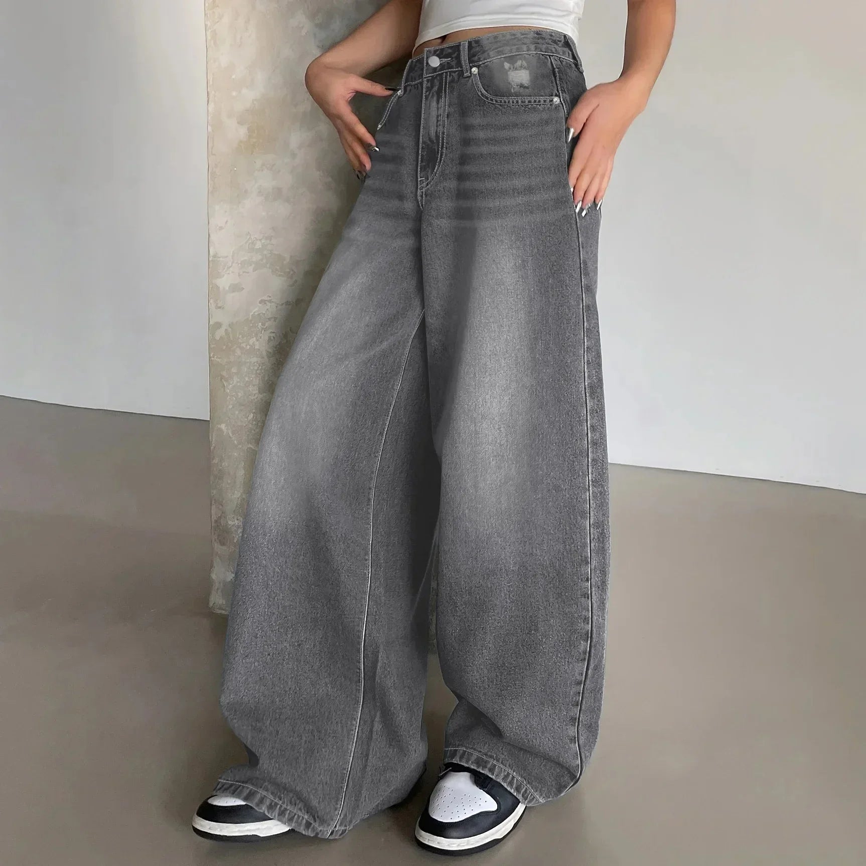 Jean baggy wide leg femme – taille haute oversize en gris, noir & bleu