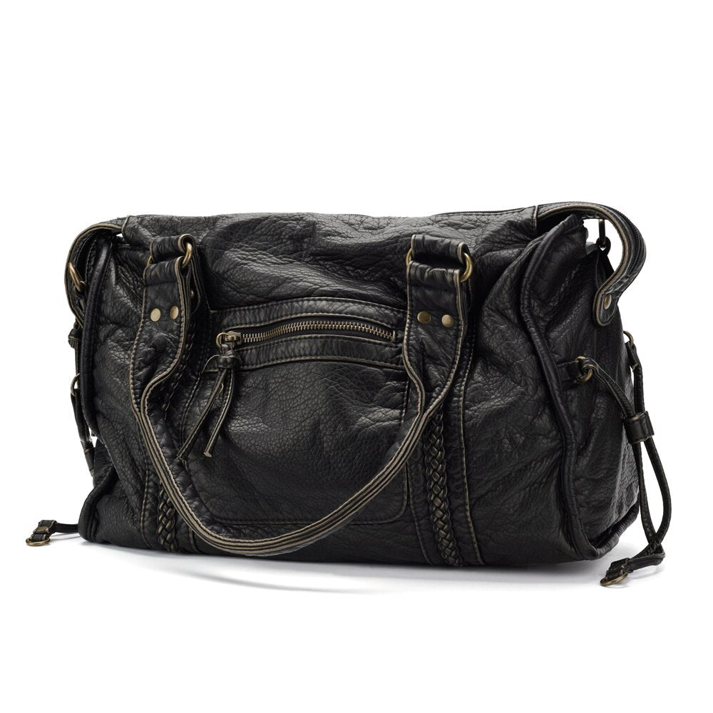 Grand sac à main vintage noir femme – simili cuir spacieux avec bandoulière