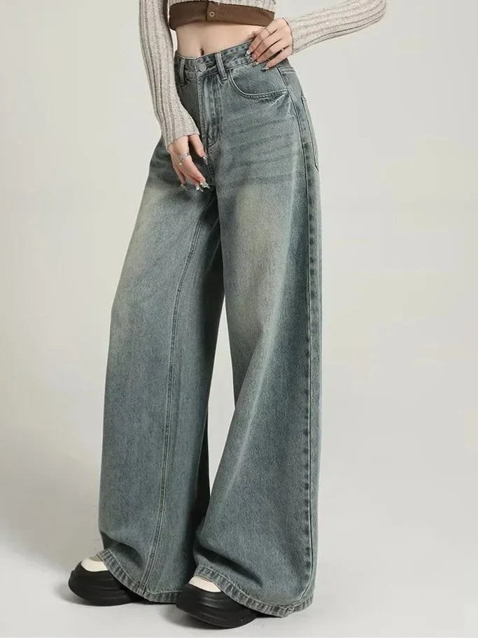 Jean wide leg gris femme – taille haute en denim délavé moderne