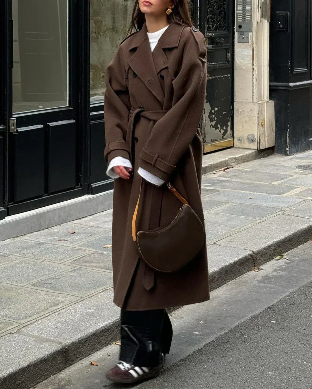 Manteau femme Grace – trench long en laine avec ceinture & double boutonnage élégant