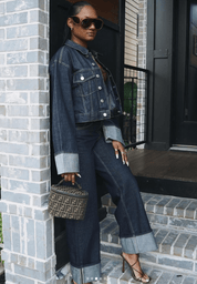 Ensemble femme en denim – Veste à col & pantalon, style chic intemporel