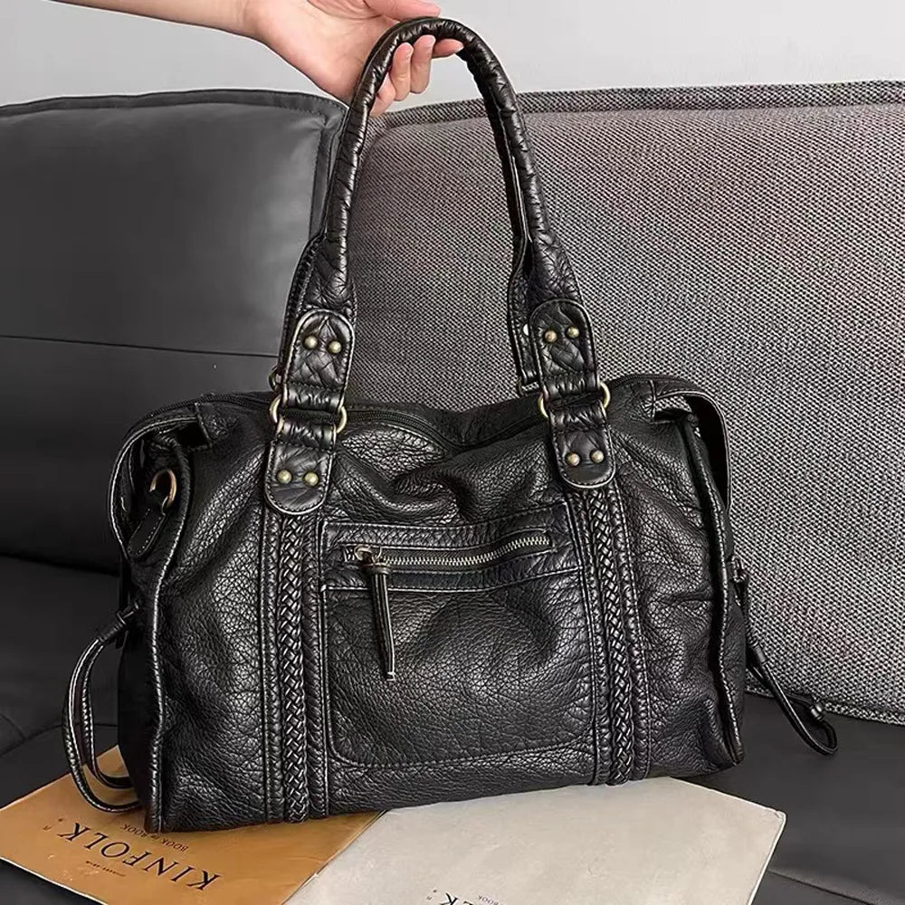 Grand sac à main vintage noir femme – simili cuir spacieux avec bandoulière