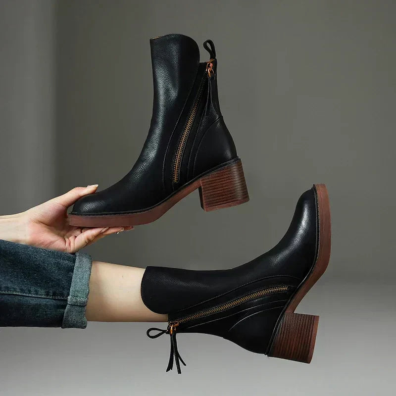 Bottines femme en cuir – élégantes bottines à talon avec fermeture zippée