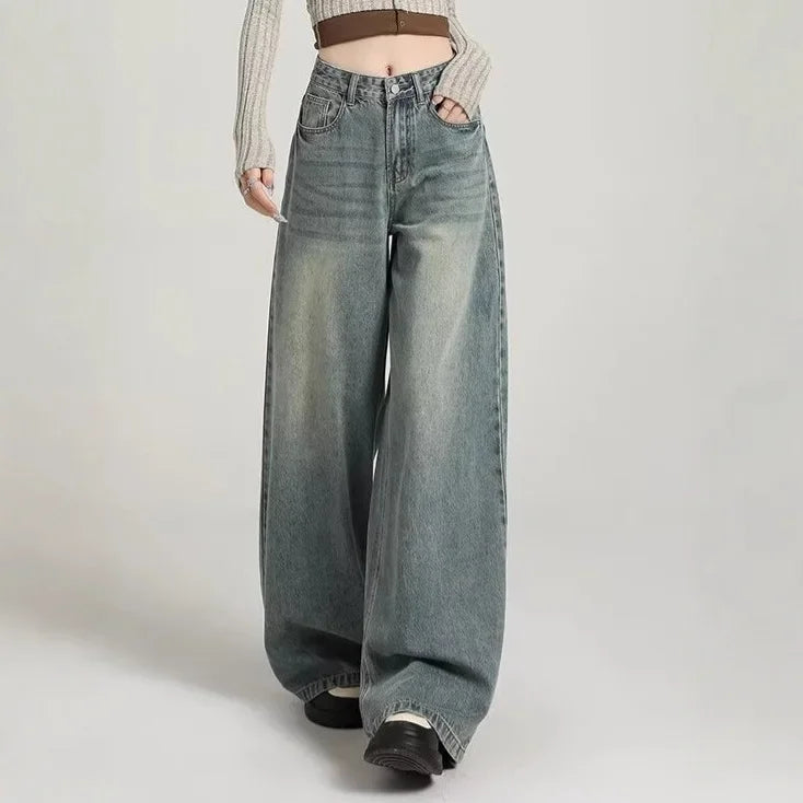 Jean wide leg gris femme – taille haute en denim délavé moderne
