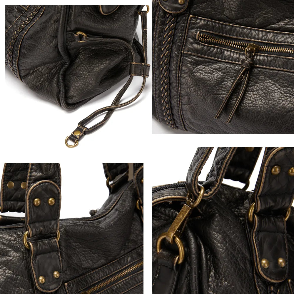 Grand sac à main vintage noir femme – simili cuir spacieux avec bandoulière