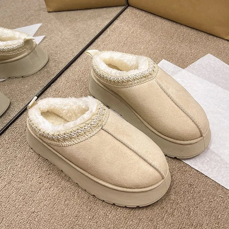 Chaussons chauds femme – pantoufles camel doublées polaire & détails tricotés