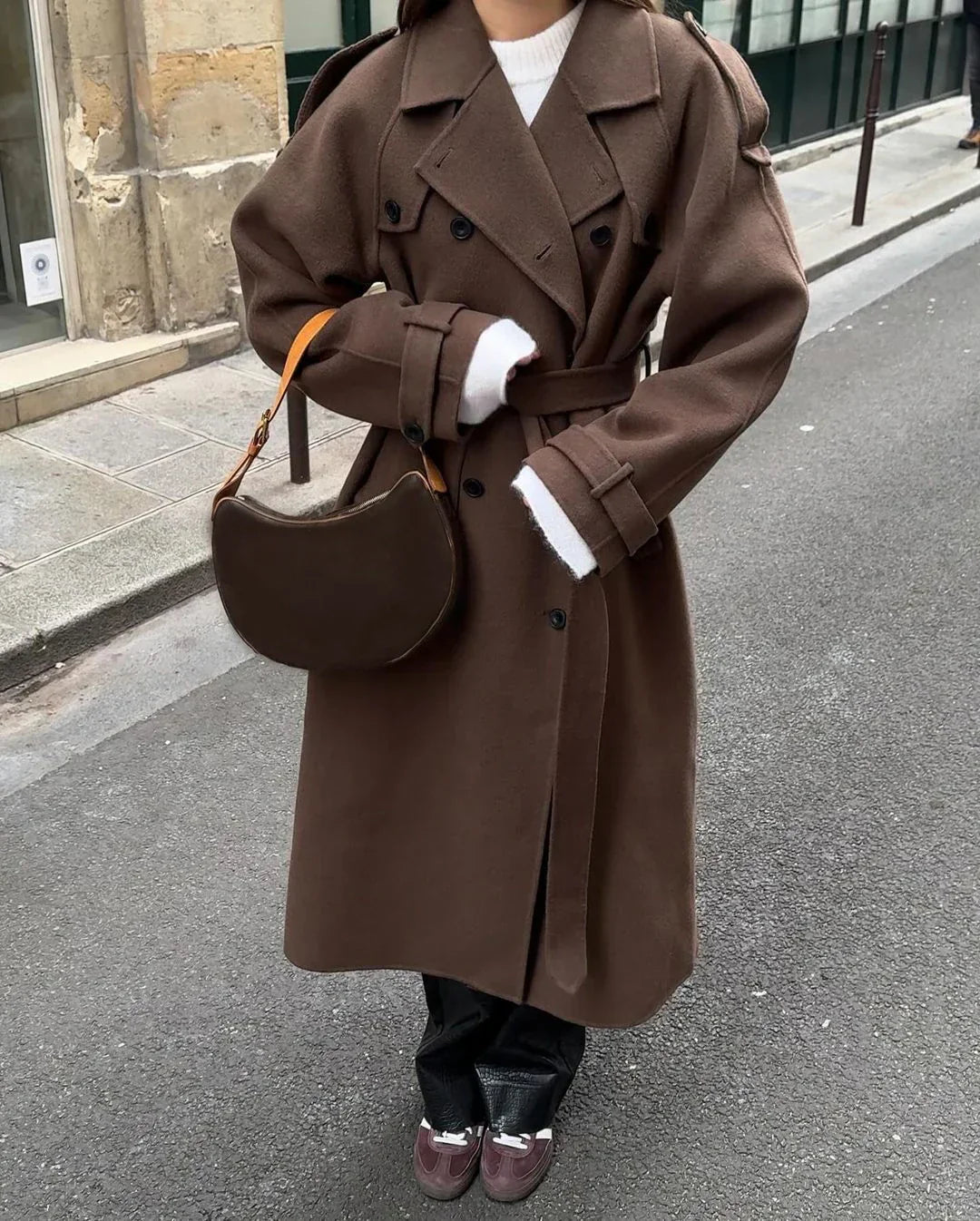 Manteau femme Grace – trench long en laine avec ceinture & double boutonnage élégant