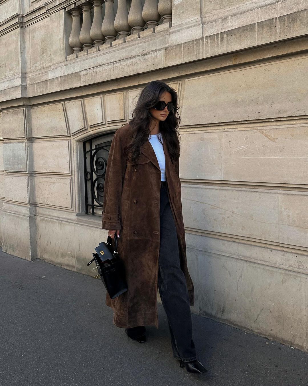 Trench faux-suède Paris oversize à ceinture — manteau long élégant