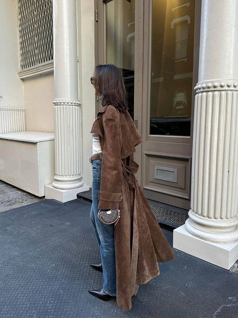 Trenchcoat femme daim – manteau long ceinturé élégant & intemporel
