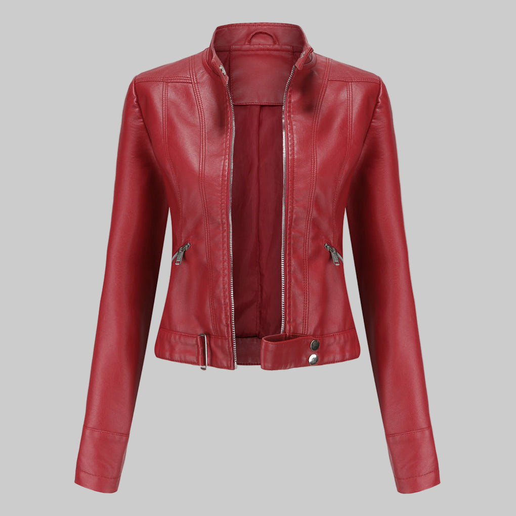 Veste en cuir femme – blouson élégant avec col montant et fermeture zippée