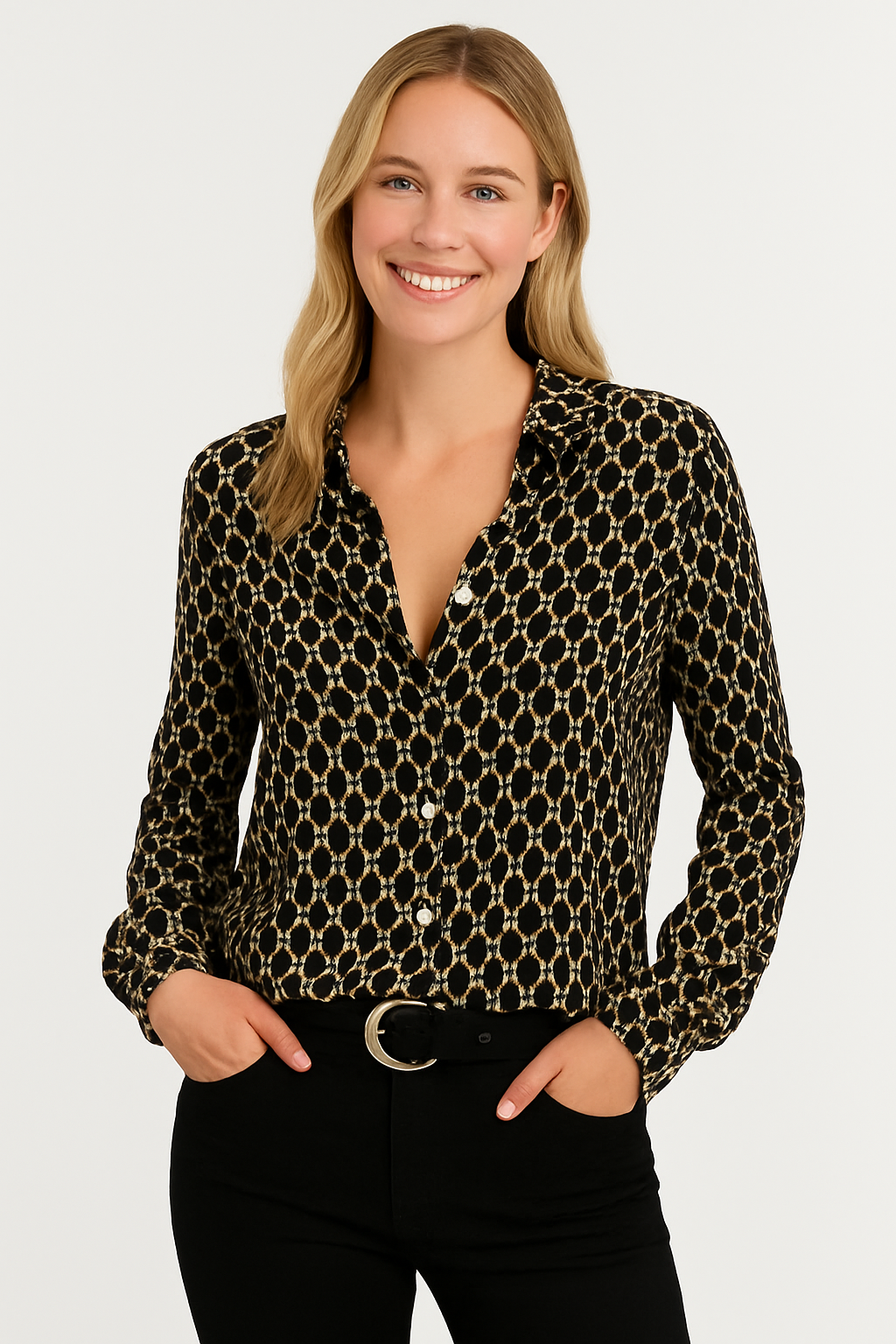 Blouse Femme VADA – Motif Géométrique Chic à Col V & Manches Longues