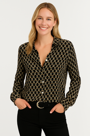 Blouse Femme VADA – Motif Géométrique Chic à Col V & Manches Longues