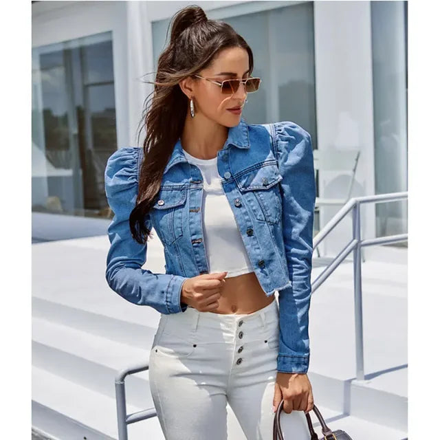 Veste denim cropped manches bouffantes — coupe cintrée & style moderne