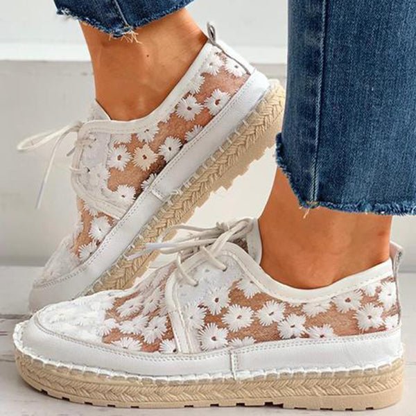 Chaussures casual femmes — low lace brodées florales légères & élégantes