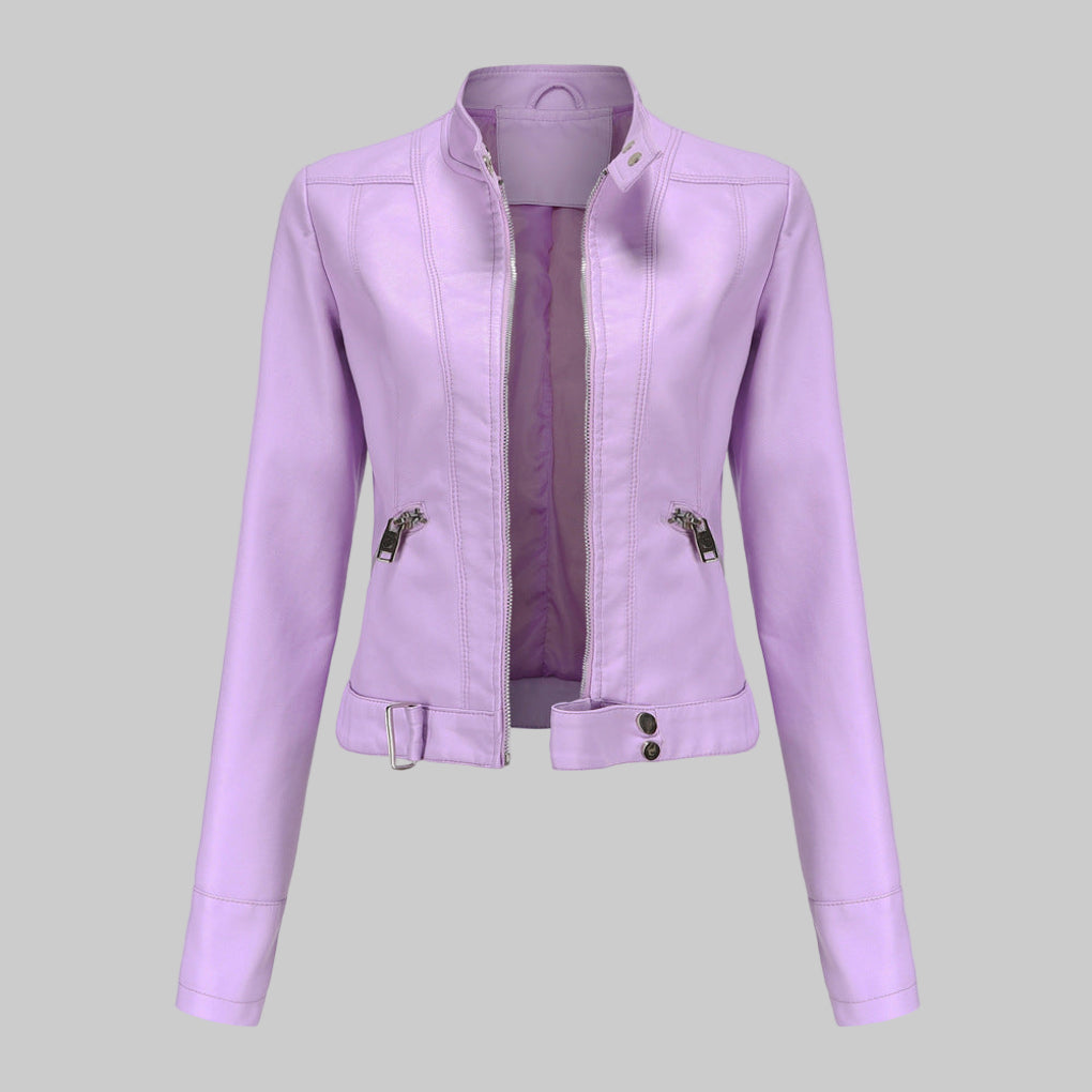 Veste en cuir femme – blouson élégant avec col montant et fermeture zippée