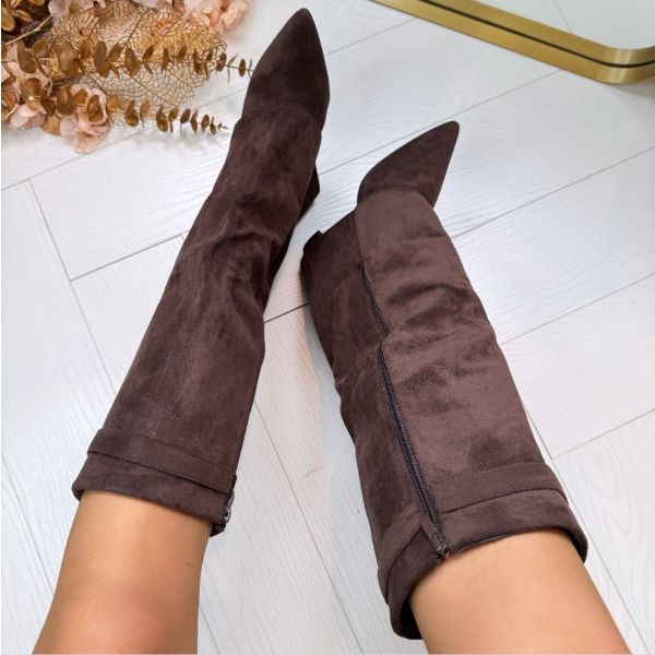 Bottes hautes femme à talon bloc – suède ou cuir avec boucle & fermeture zippée