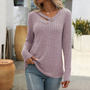 Blouse femme casual unie col V boutonné – Manches longues élégantes