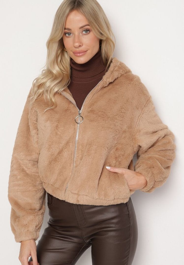 Veste teddy femme marron clair – douce, chaude avec capuche et zip
