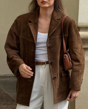 Blazer Suède Femme Marron – Coupe Oversize Tendance & Confort Stretch