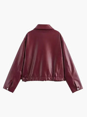Veste femme en cuir PU bordeaux – style moderne avec zip & coupe élégante