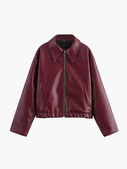 Veste femme en cuir PU bordeaux – style moderne avec zip & coupe élégante
