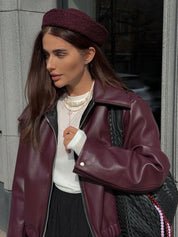 Veste femme en cuir PU bordeaux – style moderne avec zip & coupe élégante