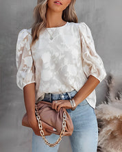Blouse femme Fiona à manches bouffantes – Chiffon blanc à imprimé fleuri