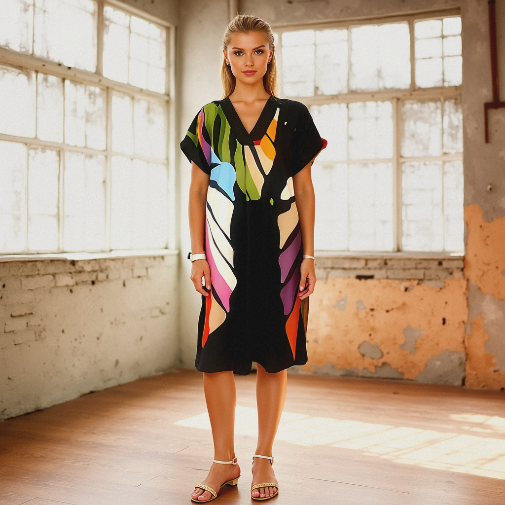 Robe d’été midi femme – Légère, fluide et élégante à motif feuillage