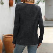 Blouse femme casual unie col V boutonné – Manches longues élégantes