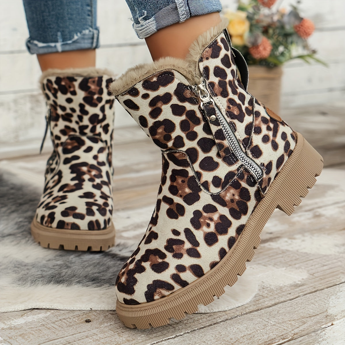 Bottines femme – bottes chaudes à doublure peluche & semelle plateforme zippée