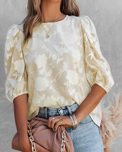 Blouse femme Fiona à manches bouffantes – Chiffon blanc à imprimé fleuri